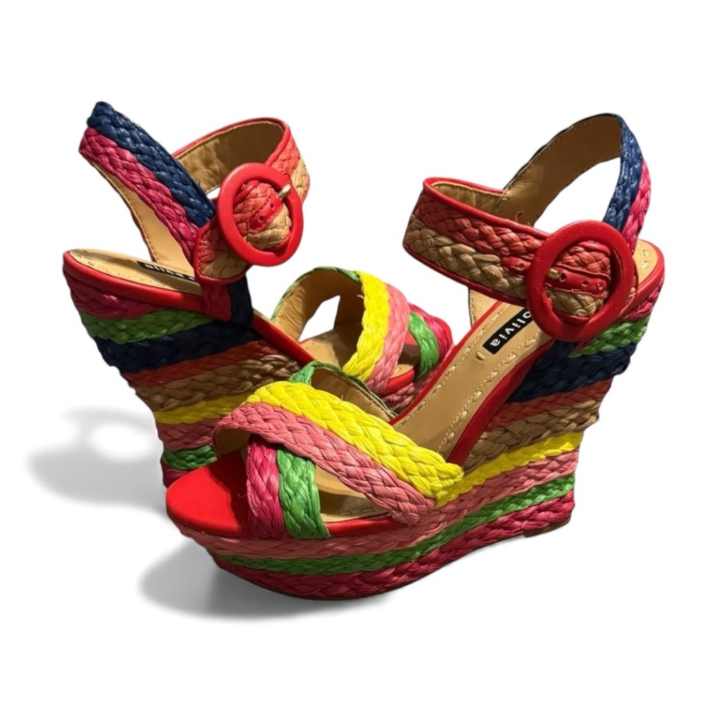 NEW Alice + Olivia Rainbow Espadrilles Raffia Platform Wedge Sandals Shoes 8.5 - Picture 7 of 9